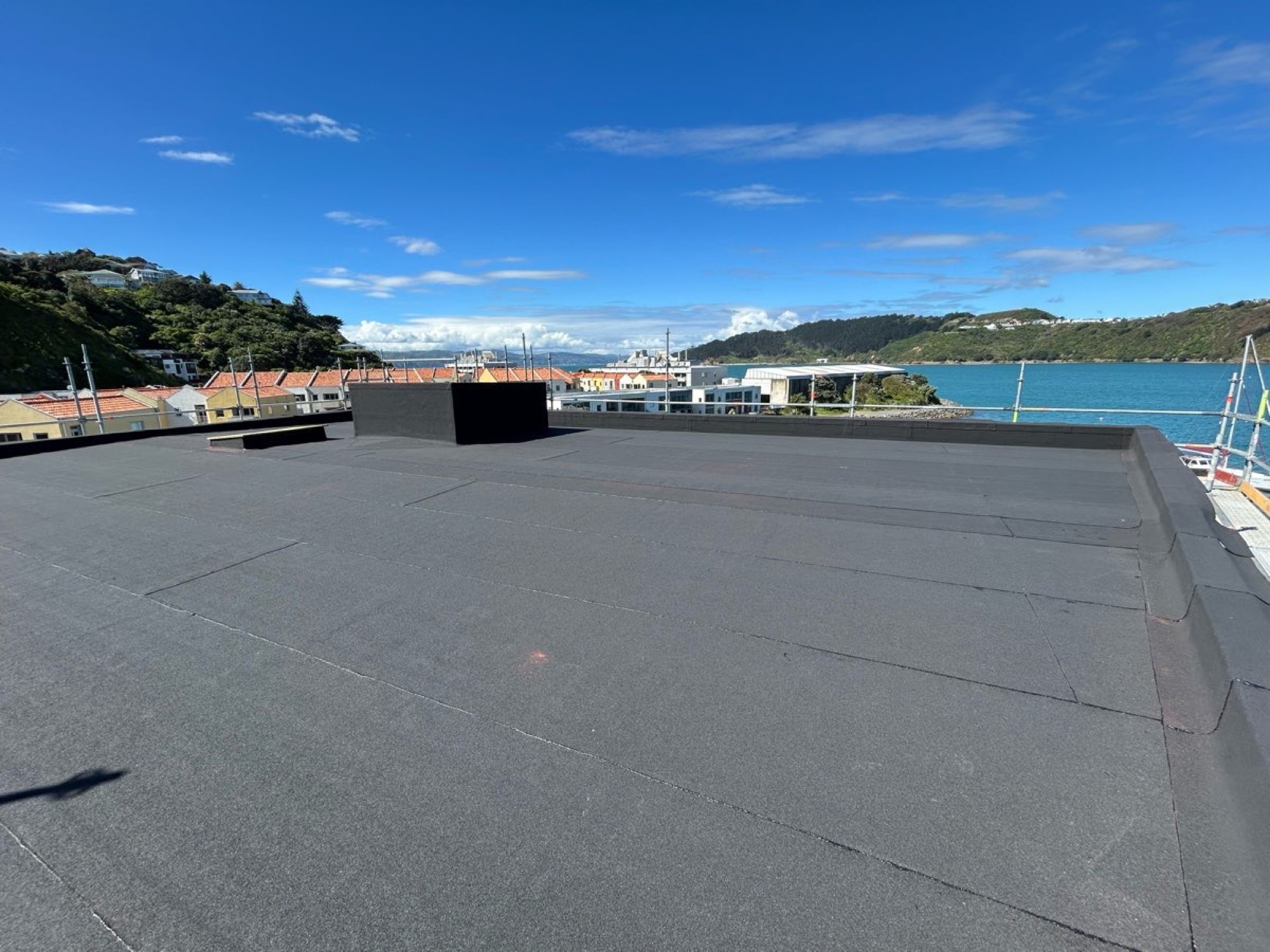 Completed torch-on membrane roof overlooking Wellington harbour